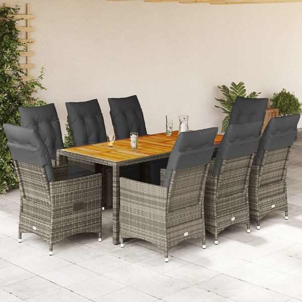 vidaXL 9-teilig Garten-Bistro-Set mit Kissen Grau Poly Rattan, 3276890