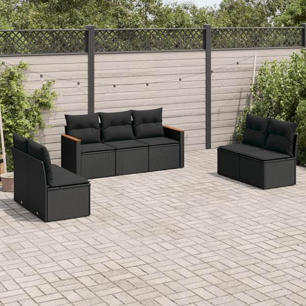 vidaXL 7-tlg. Garten-Sofagarnitur mit Kissen Schwarz Poly Rattan, UV-beständig, 3225873