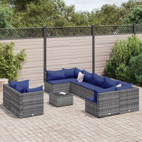 vidaXL 10-teilig Garten-Sofagarnitur mit Kissen Grau Poly Rattan, 3308311