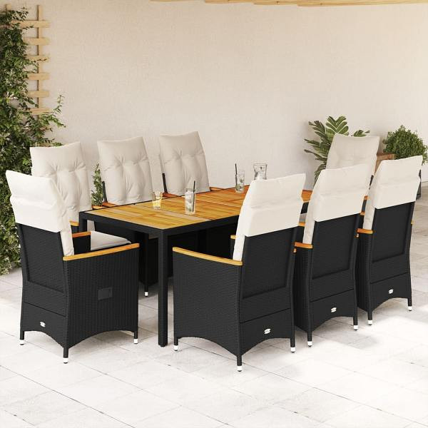 vidaXL 9-tlg. Garten-Essgruppe mit Kissen Schwarz Poly Rattan, UV-beständig, 3276839