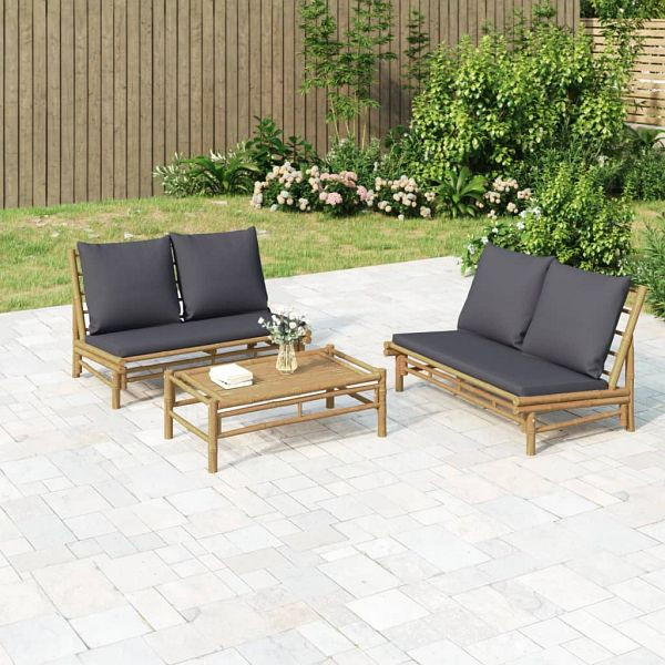 vidaXL 3-tlg. Garten-Lounge-Set mit Dunkelgrauen Kissen Bambus, 3156482