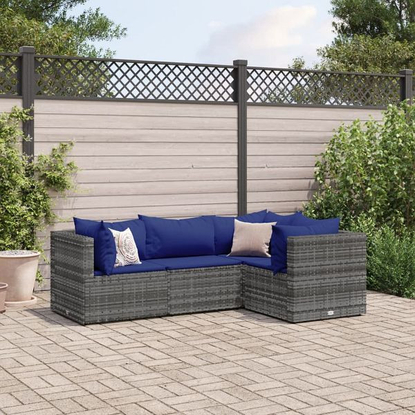 vidaXL 4-teilig Garten-Lounge-Set mit Kissen Grau Poly Rattan, 3308079