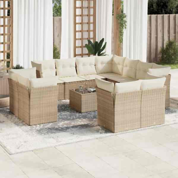 vidaXL 12-tlg. Garten-Sofagarnitur mit Kissen Beige Poly Rattan, UV-beständig, 3218518