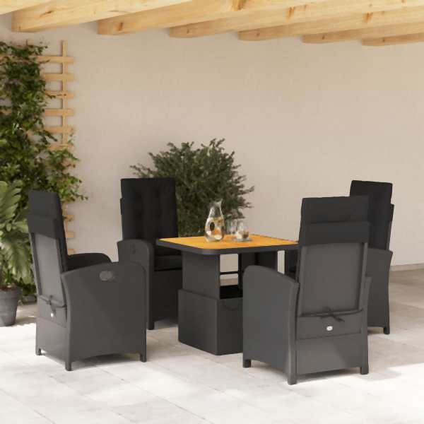vidaXL 5-tlg. Garten-Essgruppe mit Kissen Schwarz Poly Rattan, UV-beständig, 3277326