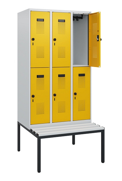C+P Doppelstöckiger Spind Evolo PLUS, Bank, 6 Fächer, 1950x900x815mm, 7035/1004, Drehriegel, Sitzfläche Kunststoff, Sitzbank, 0493505-30 S10082