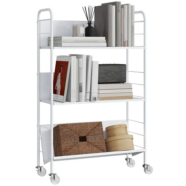 HOMCOM Bücherregal Aufbewahrungsregal mit 3 Ebenen, Rädern, Spielzeugregal für Schlafzimmer, 69 x 26 x 108 cm, Weiß, 836-635V00WT