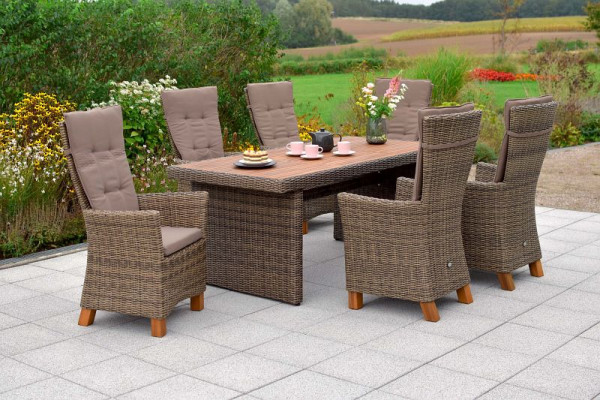 Merxx Toskana Set 13-teilig, 6 Toskana Hochlehner, inkl. Kissen, Beine aus Akazienholz, 1 Tisch 185 x 90 cm, Tischplatte aus Akazienholz, 50425-211