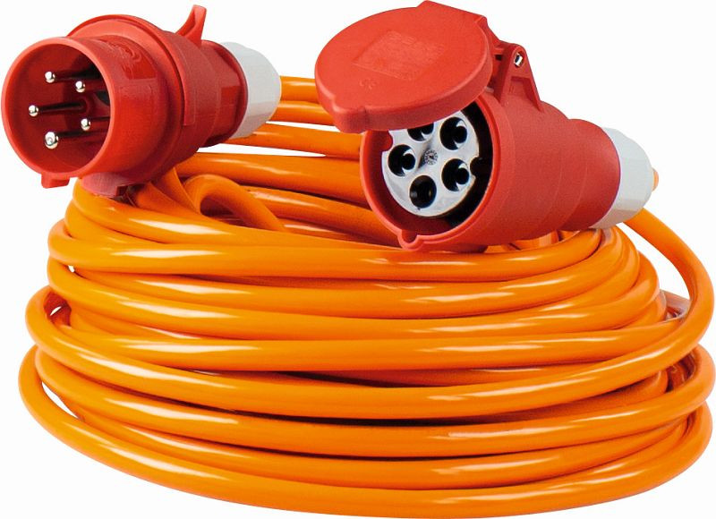 as-Schwabe CEE-Verlängerung 50m, orange Baustellenleitung H07BQ-F 5G4, mit CEE-Phasenwendestecker und CEE-Kupplung 400V/32A/5polig, 59648