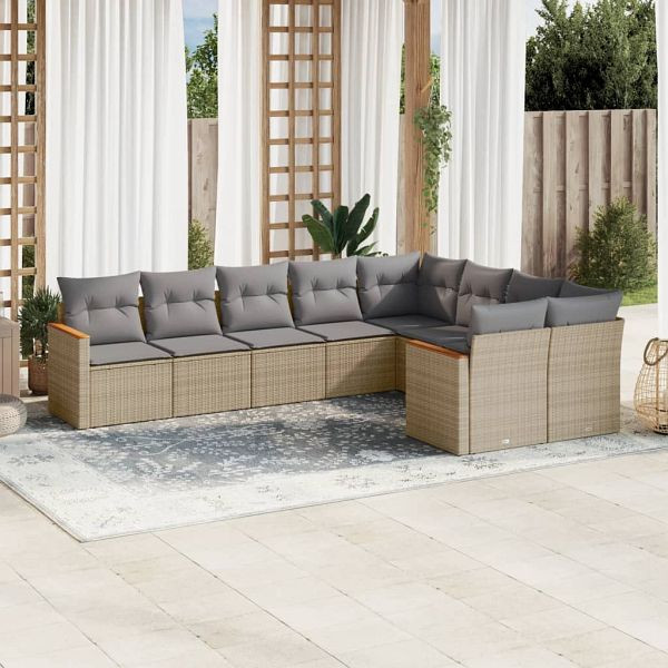 vidaXL 9-teilig Garten-Sofagarnitur mit Kissen Beige Poly Rattan, 3226304