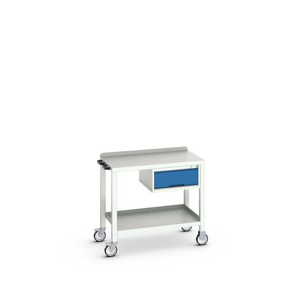 bott verso mobiler Beistelltisch, mit 1 Schublade und Stahl-Platte, BxTxH: 1000 x 600 x 910 mm, Lichtgrau / Enzianblau, 16922800.11