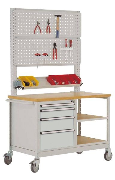 Manuflex Mobile Werkbank Modell 6 mit geölter Multiplex-Abdeckplatte 30 mm BxTxH 1135 x 590 x 810 mm, lichtgrau, MW2033.7035