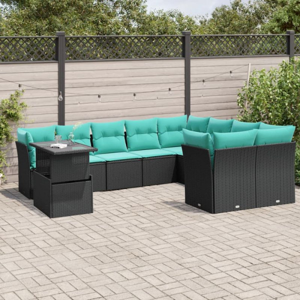vidaXL 10-teiliges Gartensofa-Set mit Kissen, schwarzes Polyrattan, 3266847