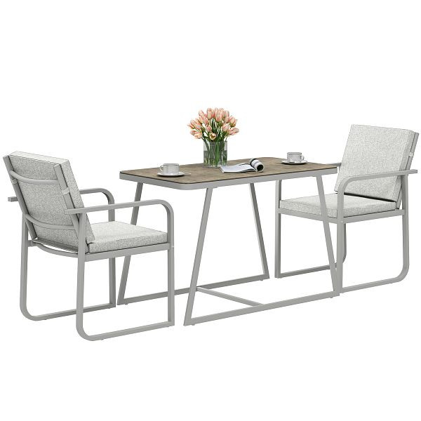 Outsunny Sitzgruppe 3-teilig Essgruppe für 2 Personen Esstisch mit 2 Stühlen Glastisch Hellgrau, 84G-589V00LG
