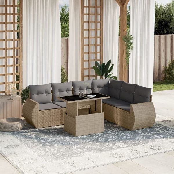 vidaXL 7-teilig Garten-Sofagarnitur mit Kissen Beige Poly Rattan, 3268559