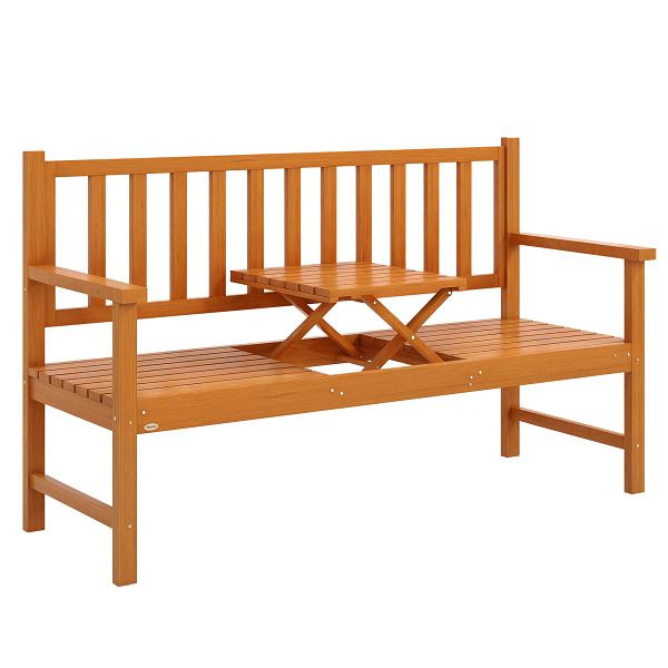 Outsunny Gartenbank Holzbank Outdoor-Bank, ausklappbarer Tisch, wetterbeständig, Massivholz, 153 cm x 56 cm x 91 cm, Hellbraun, 84G-188V00LR