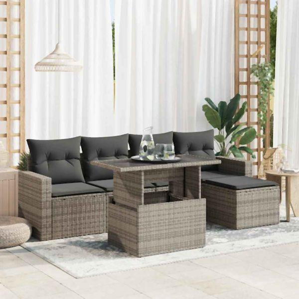 vidaXL 6-tlg. Garten-Sofagarnitur mit Kissen Grau Poly Rattan, 3326301