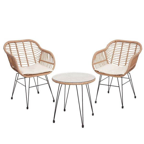 Mendler Poly-Rattan Garnitur HWC-G17, Balkon-Set Gartengarnitur Sitzgruppe Stuhl, Seil, naturfarben, Kissen creme, 76304