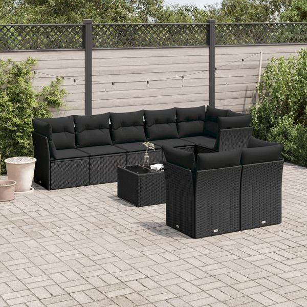 vidaXL 9-teilig Garten-Sofagarnitur mit Kissen Schwarz Poly Rattan, 3217915