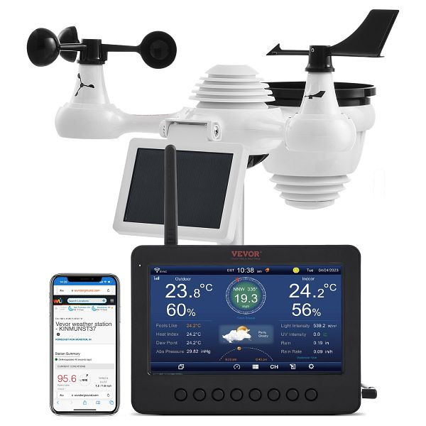 VEVOR 7-in-1 WLAN Wetterstation 186mm TFT Display Kabelloser Außensensor IPX6, TYN70TFTWIFI71ZZTV2
