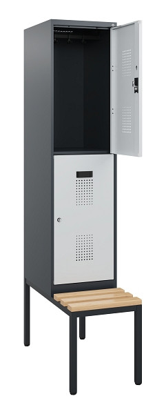 C+P Doppelstöckiger Spind Evolo PLUS, Bank, 2 Fächer, 1950x400x815mm, 7016/7035, Zylinderschloss, Sitzfläche Buche-Hartholz, Sitzbank, 0493505-12 S10044