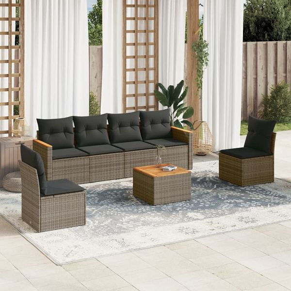 vidaXL 7-teilig Garten-Sofagarnitur mit Kissen Grau Poly Rattan, 3258273