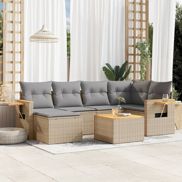 vidaXL 7-teilig Garten-Sofagarnitur mit Kissen Beige Poly Rattan, 3227025