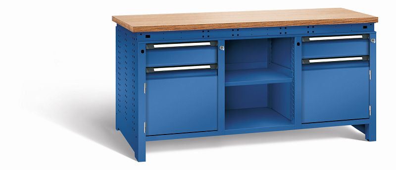 Otto Kind Werkbank Serie function Typ 308, Multiplexplatte 40 mm, bündig, 2x Unterbau + mittleres Feld, komplett RAL 5010, 072363113