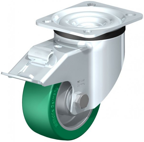 Blickle LK-ALST 100K-1-FI Stahlblech-Lenkrolle, schwere Ausführung, mit Anschraubplatte & Feststeller, Blickle Softhane®, Grün, 607317