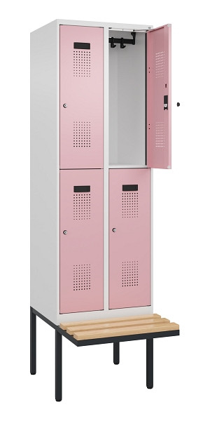 C+P Doppelstock-Spind Evolo PLUS, Bank, 4 Fächer, 2120x600x815mm, 9016/3015, Zylinderschloss, Sitzfläche Buche-Hartholz, 0493407-20 S10045