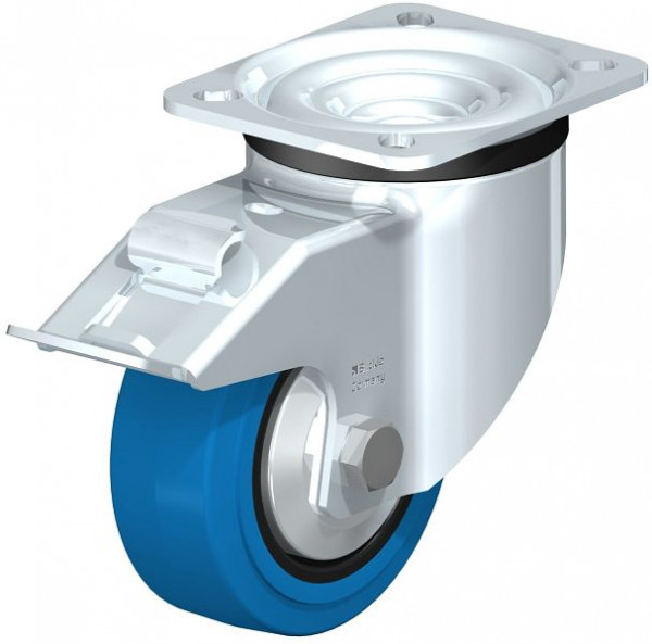 Blickle LK-POEV 100XR-1-FI-SB-FA Stahlblech-Lenkrolle, schwere Ausführung, mit Anschraubplatte & Feststeller, Elastik-Vollgummi, Blau, 850926