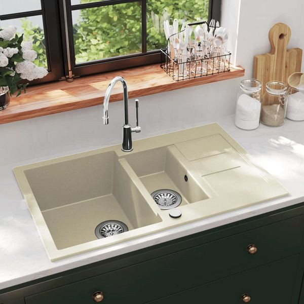 vidaXL Granitspüle Doppelbecken Beige, Material: Granit, 144858