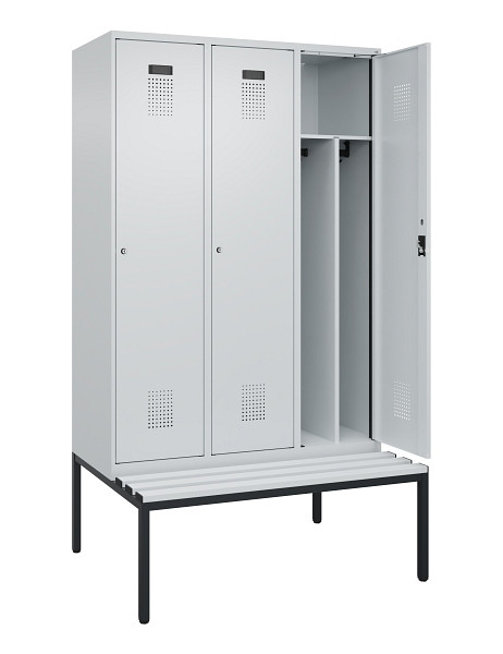 C+P Spind Evolo PLUS, 3 Abteile, 2120x1200x815mm, 7035/7035, Haken 4, Zylinderschloss, Sitzfläche Kunststoff, Sitzbank, Trennwand, 0490507-32F S10094