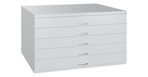 C+P Flachablageschrank Serie 7100_7200, H760xB1350xT960mm, 9016/9016, 5 Schubladenblenden doppelwandig, 7201-100 S10336