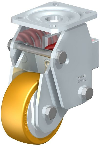 Blickle BHF-ALTH 101K-1-FA Stahlblech-Bockrolle, Schwerlast-Ausführung, mit Stahlfeder, Blickle Extrathane®, Hellbraun, 605782