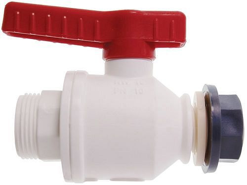 DENIOS Kugelhahn aus PP, weiß, 1" innen - M 42 außen, NW 25 mm, VE: 5 Stück, 309676