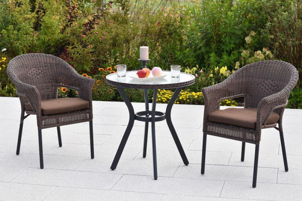 Merxx Ravenna Set 5-teilig, 2 Stapelsessel, 2 Sitzauflagen, braun, 1 Tisch Ø 70 cm, matte Glasplatte mit Geflechtrand, Graphit/Schoko, 50399-310