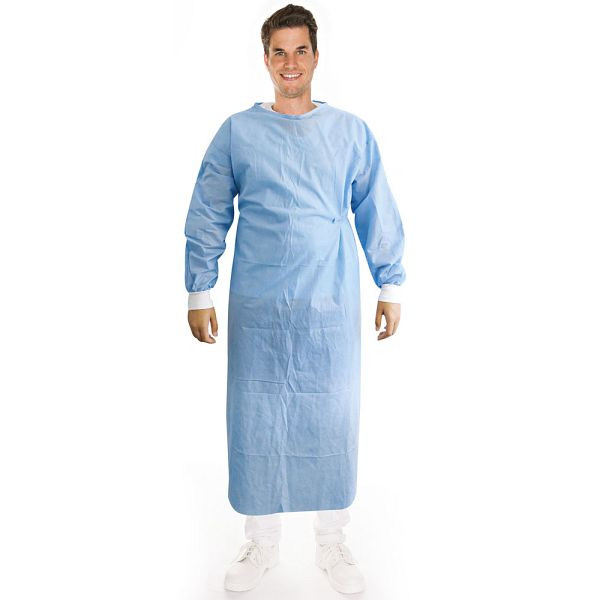 Hygostar Kittel sterilisierbar, blau, Größe L, SMS 130 x 150 cm, Klettverschluss im Nacken, Taillenbindebänder, VE: 50 Stück, 277346