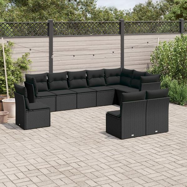 vidaXL 10-tlg. Garten-Sofagarnitur mit Kissen Schwarz Poly Rattan, 3249634