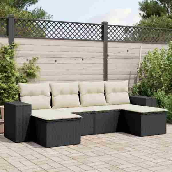 vidaXL 6-tlg. Garten-Sofagarnitur mit Kissen Schwarz Poly Rattan, UV-beständig, 3255253