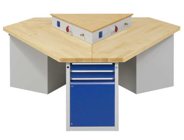ANKE Werkbänke 3-Eck-Gruppenwerkbank; 3 Arbeitsplätze; 2370x2052x900 mm; RAL 7035/5010; Buche-Massiv-Platte 50 mm; Kantenlänge 1660 mm, 440.104