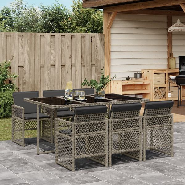 vidaXL 7-teilig Garten-Essgruppe mit Kissen Grau Poly Rattan, 3210728