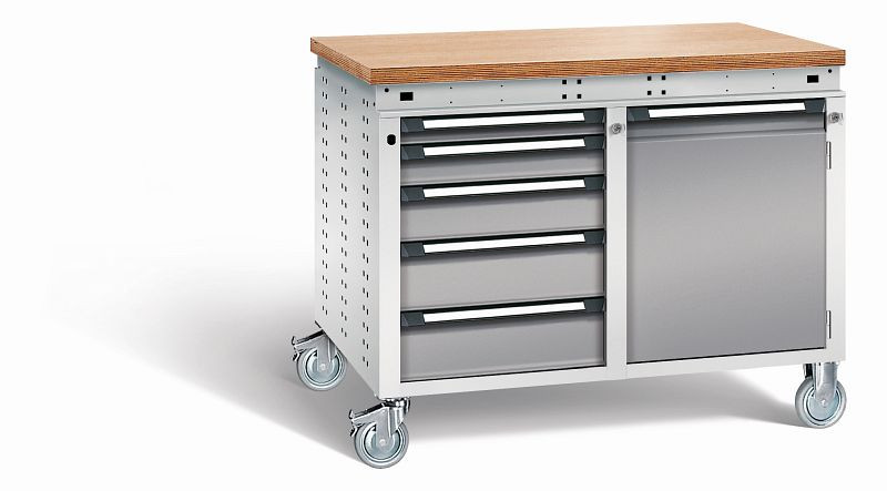 Otto Kind Werkbank Serie function Typ 253 fahrbar, Multiplexplatte 40 mm, bündig, 2x Unterbau, Gehäuse RAL 7035, Front RAL 7037, 072384167