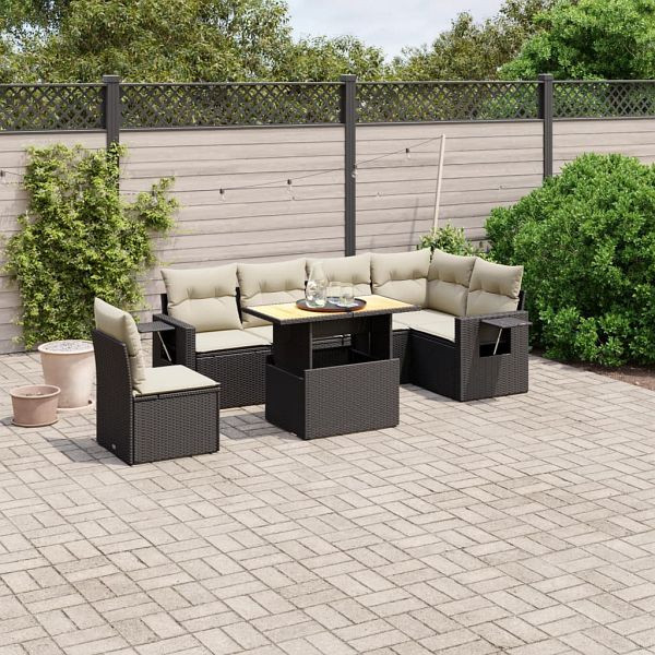 vidaXL 7-teilig Garten-Sofagarnitur mit Kissen Schwarz Poly Rattan, 3271777