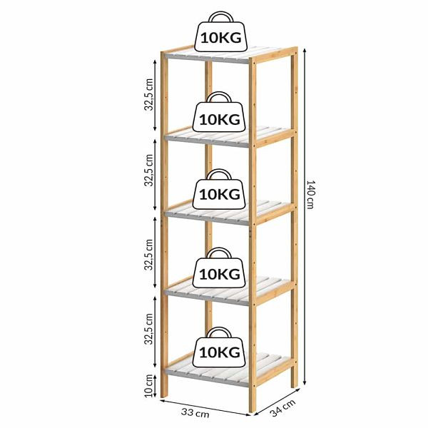 casaria Standregal Bambus Weiß 140x33x34cm, 107921