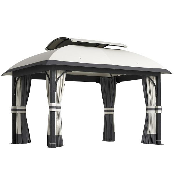 Outsunny Gartenpavillon, 3,3 x 4 m Gartenzelt mit Netz-Vorhängen, zweistufiges Dach, Kunstleder-Bezug, Metallrahmen, Hellgrau, 84C-549V00LG