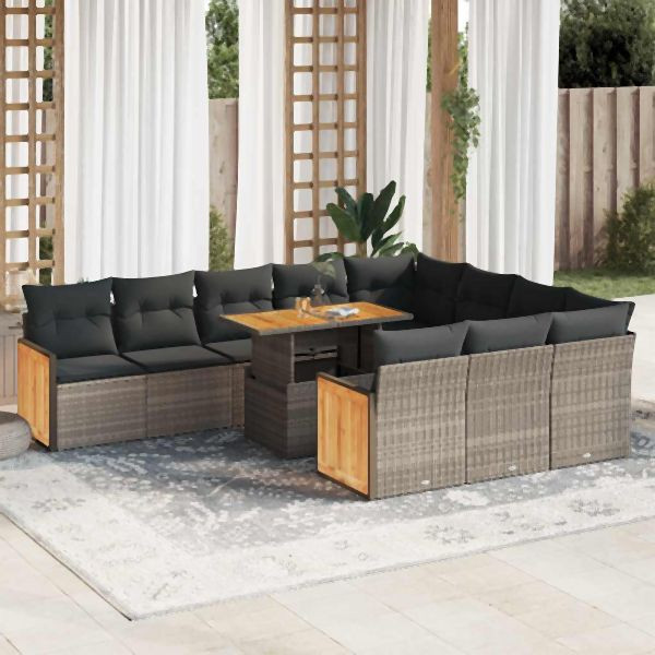 vidaXL 11-tlg. Garten-Sofagarnitur mit Kissen Grau Poly Rattan Akazie, 3327763