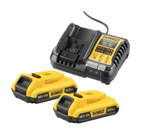 DeWalt 2x 18 Volt / 2 Ah Starter-Set inkl. System-Schnellladegerät DCB 1104, DCB1104D2-QW