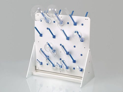 DENIOS Abtropfgestell für Laborgefäße, mit Auffangwanne, 600 x 600 mm, mit Tischständer, 71 Aufsteckstäben, 309827