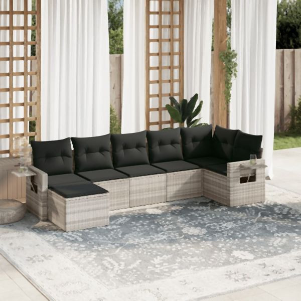 vidaXL 7-tlg. Garten-Sofagarnitur mit Kissen Hellgrau Poly Rattan, 3220481