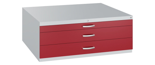 C+P Flachablageschrank Serie 7100_7200, H420xB1100xT765mm, 7035/3003, 2 Schubladenblenden doppelwandig, 7100-100 S10203